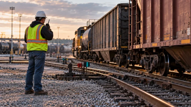 Railroad Worker at Sunset Freight Yard